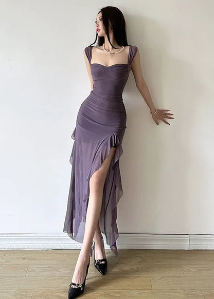 Purple Ruffled Tulle Side Open Slim Fitting Suspender Dress