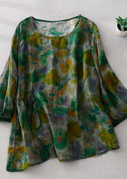 Natural Green O-neck Print Wrinkled Linen Tops Long Sleeve