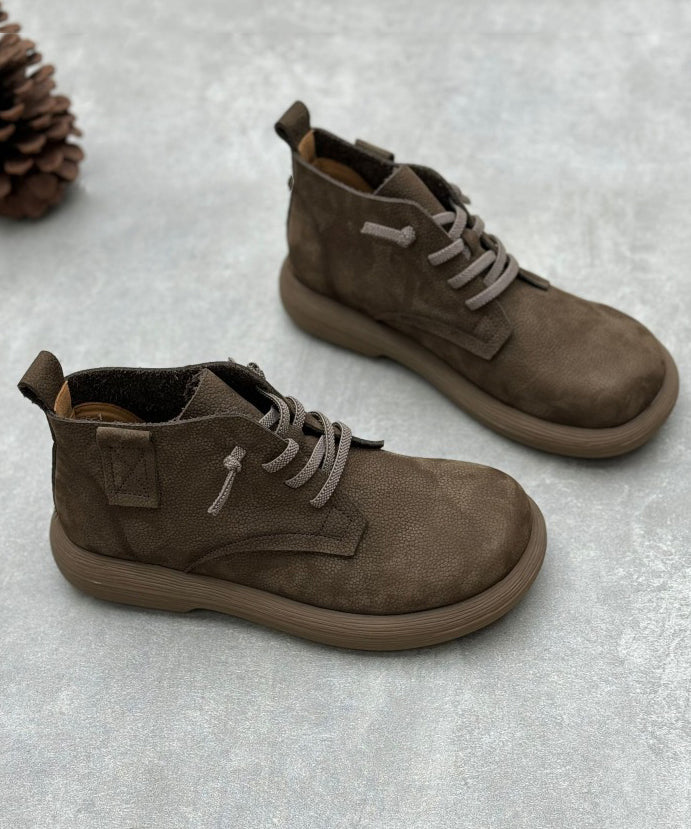 Grey Comfortable Cowhide Leather Splicing Lace Up Boots