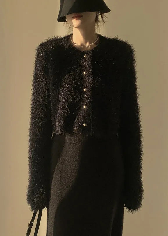 Black Fluffy Knit Cardigan O-neck Winter