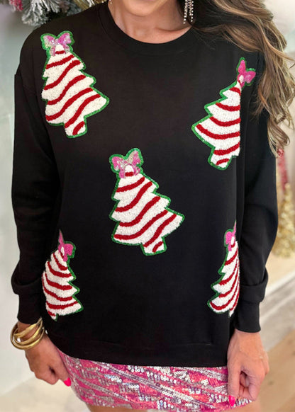 Black O Neck Christmas Tree Sequins Cotton Sweatshirt Fall
