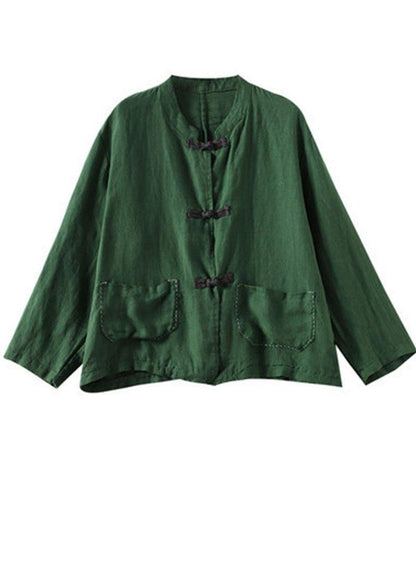 Boutique Green Stand Collar Embroidered Patchwork Linen Coat