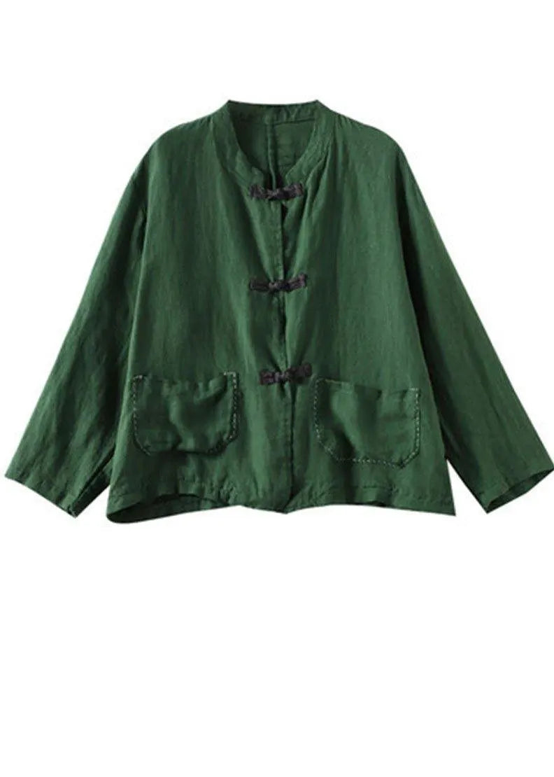 Boutique Green Stand Collar Embroidered Patchwork Linen Coat