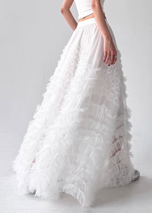 White Wrinkled Tulle a Line Skirts High Waist