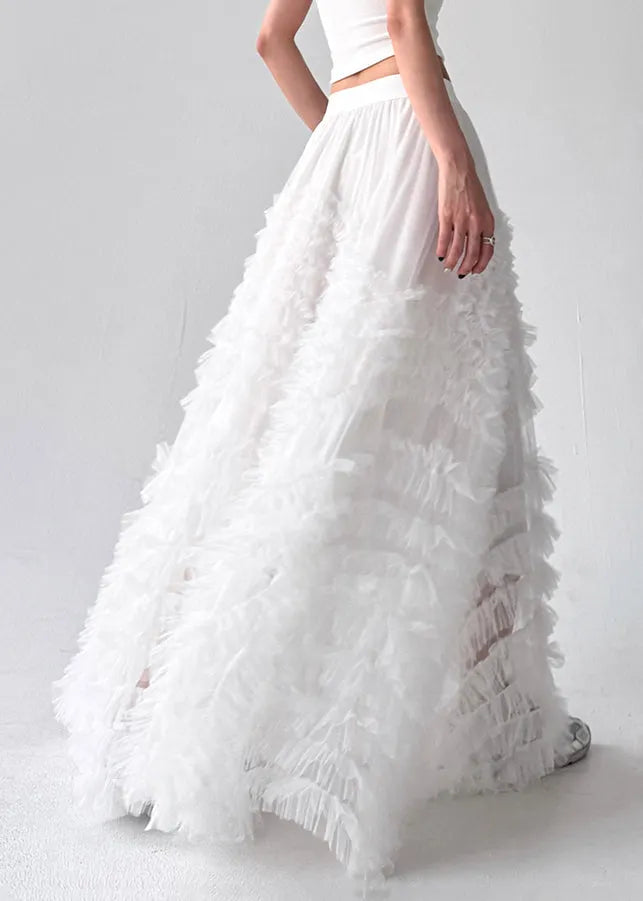 White Wrinkled Tulle a Line Skirts High Waist