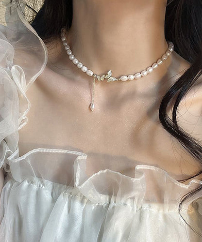 White Sterling Silver Alloy Zircon Butterfly Pearl Lariat Necklace