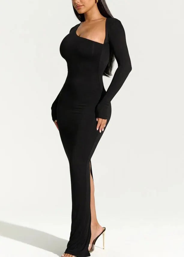 Italian Black Slash Neck Slim Fit Cotton Long Dress Spring