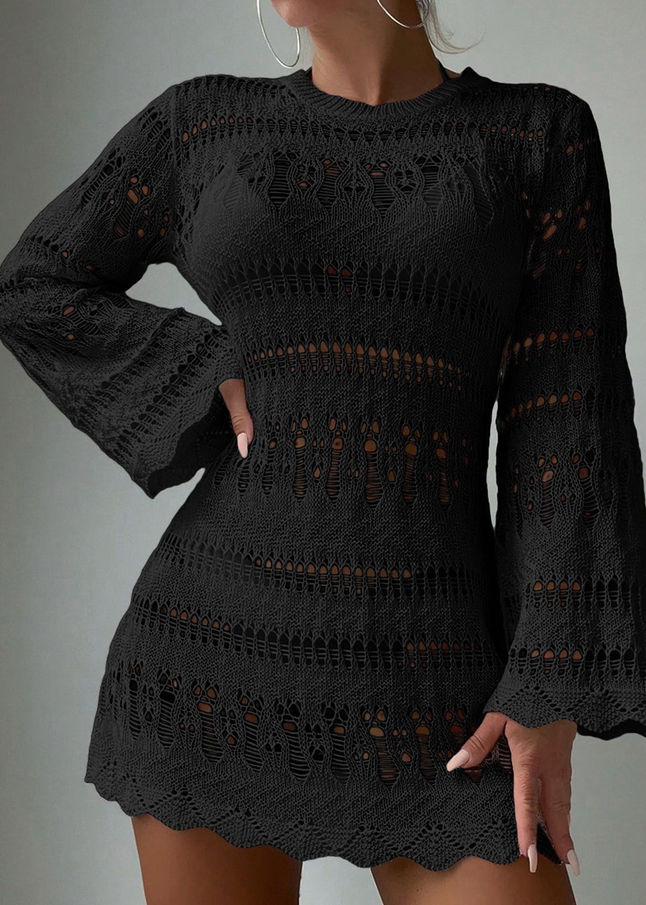 Brief White O-neck Hollow Out Holiday Knit Cover Up Swimwear