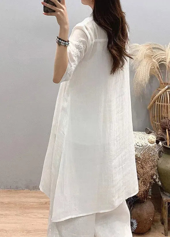 Fitted White Stand Collar Embroidered Linen Long Shirts Three Quarter Sleeve
