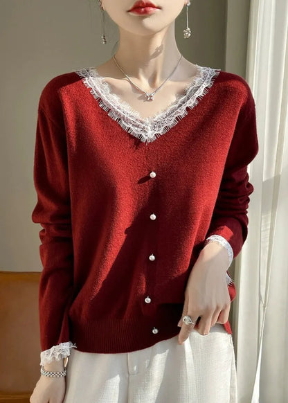 French White O-neck Lace Patchwork Cotton Knit Sweater Fall