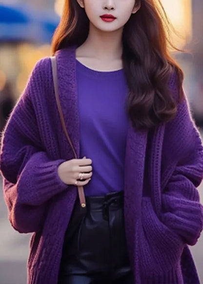 Purple V Neck Pockets Cotton Knit Cardigan Long Sleeve