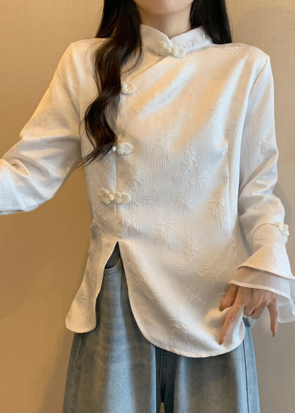 Apricot Stand Collar Jacquard Oriental Button Cotton Top Fall