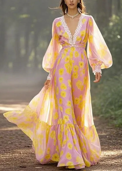 Yellow V Neck Print Chiffon Maxi Dresses Spring