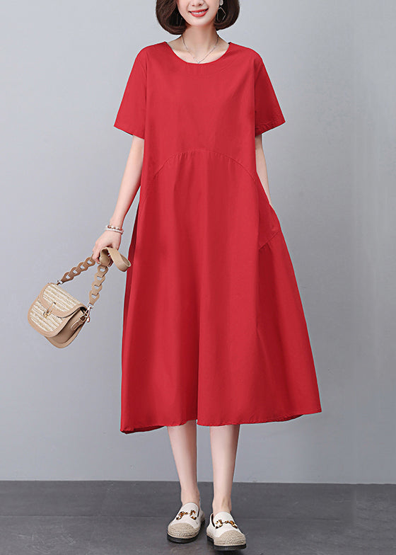 Red Pockets Cotton Dress O Neck Short Sleeve