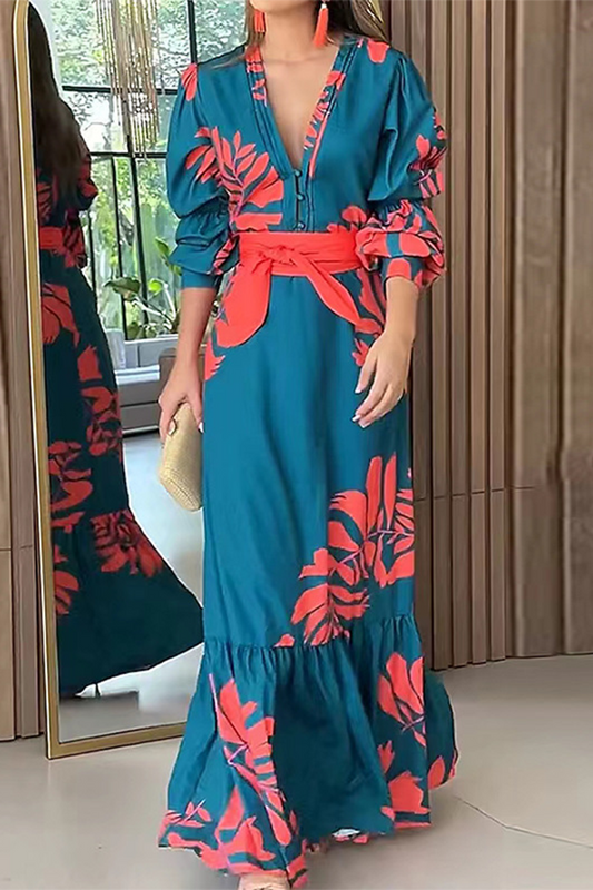 Print Lace Up Ruffle V Neck Printed Dresses