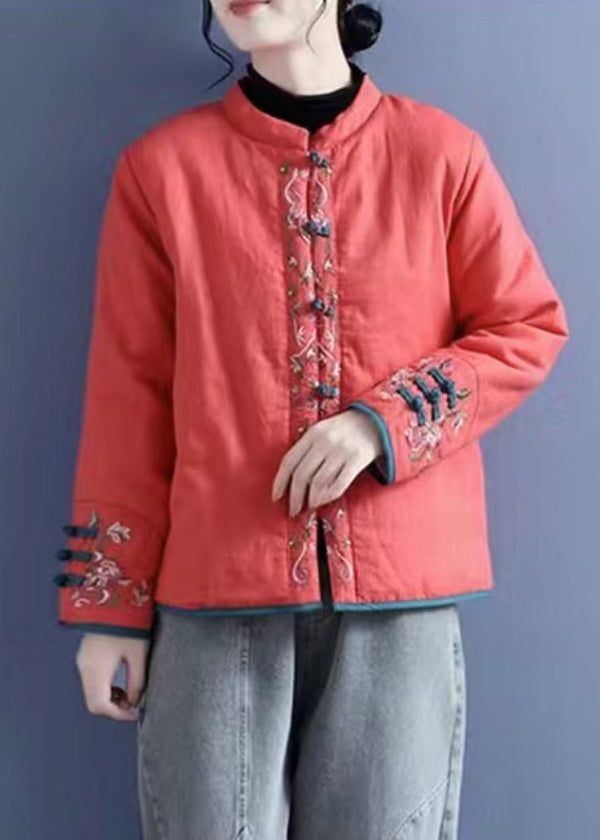 Orange Embroidered Button Cotton Filled Coats Winter