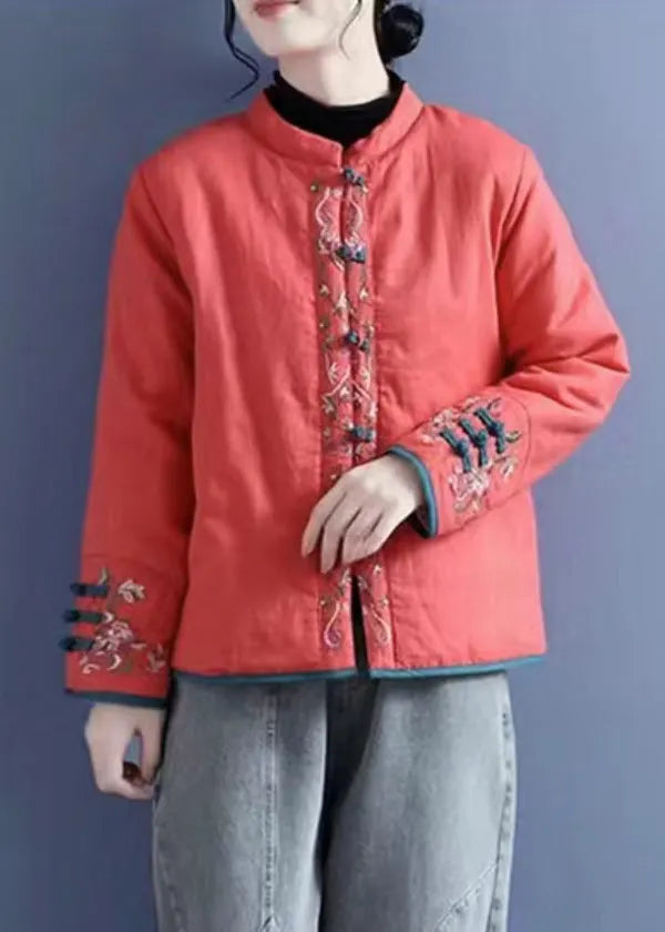 Orange Embroidered Button Cotton Filled Coats Winter