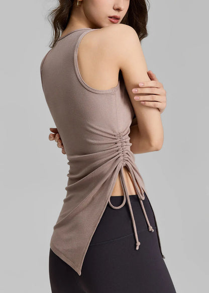 Yellow Sleeveless Yoga T Shirt Asymmetrical Design Side Open Lace Up