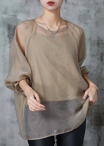 French Khaki Oversized Chiffon Upf 50+ Top Two Piece Set Summer