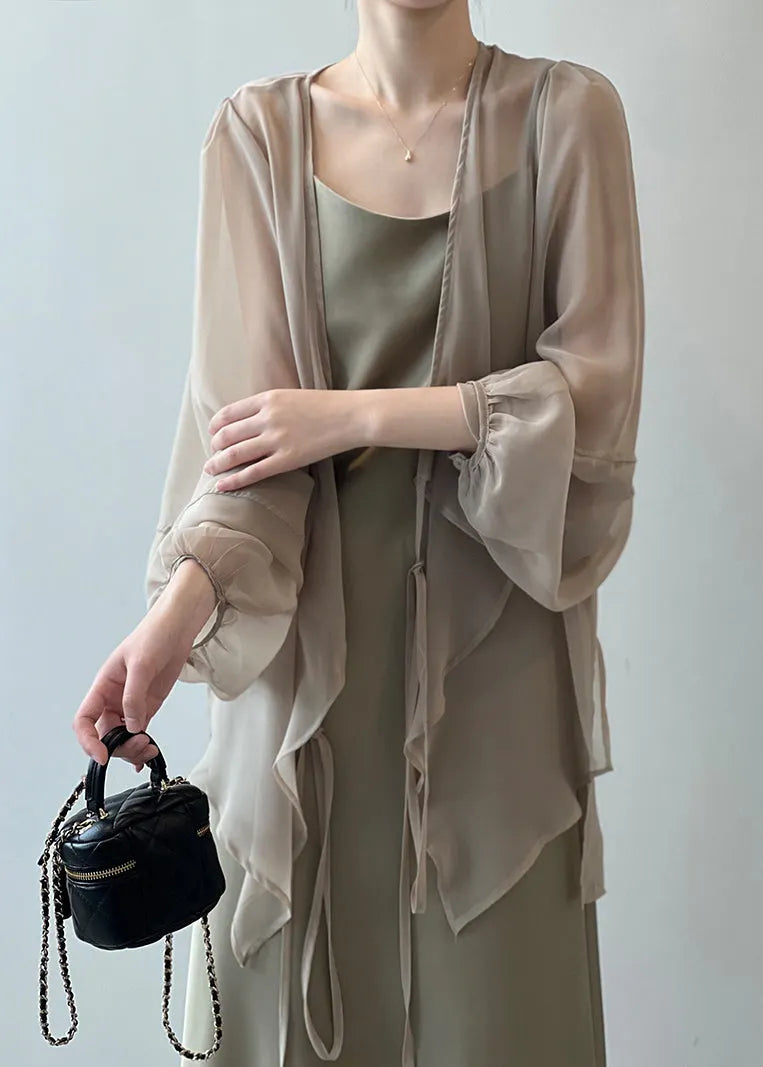 Khaki Chiffon Cardigan Lace Up Long Sleeve