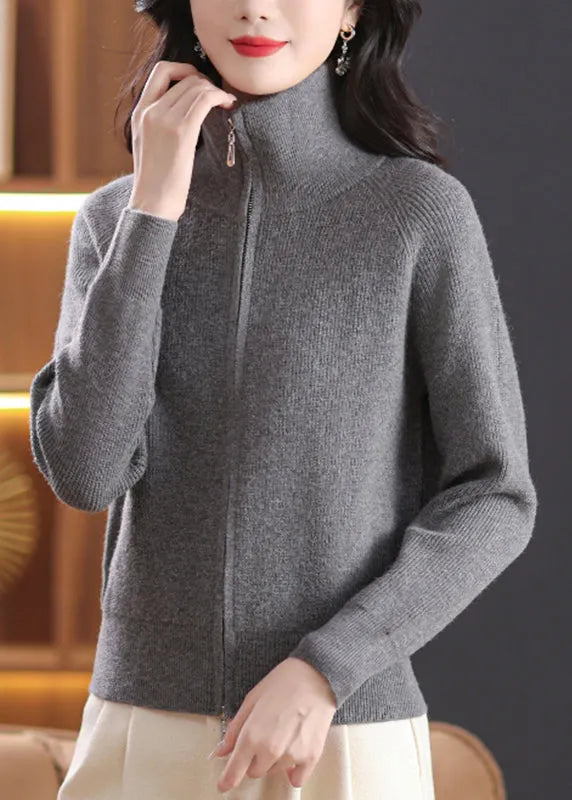 Grey Zippered Knitted Cotton Coats Long Sleeve