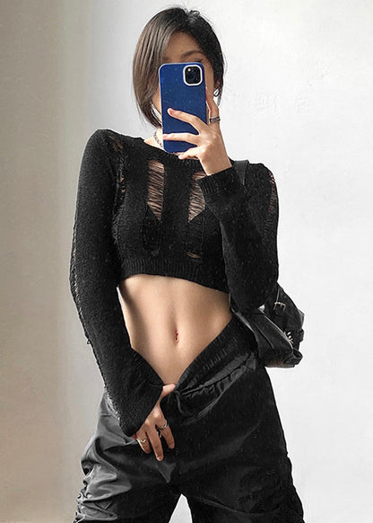 Black O-neck Tie Waist Hollow Out Knit Tops Long Sleeve