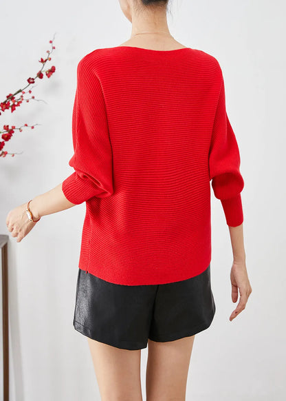 Red Slash Neck Knit Sweater Tops Batwing Sleeve
