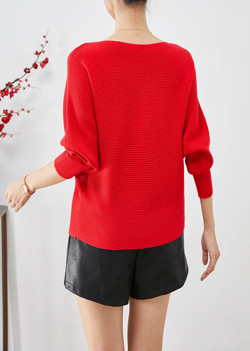 Red Slash Neck Knit Sweater Tops Batwing Sleeve