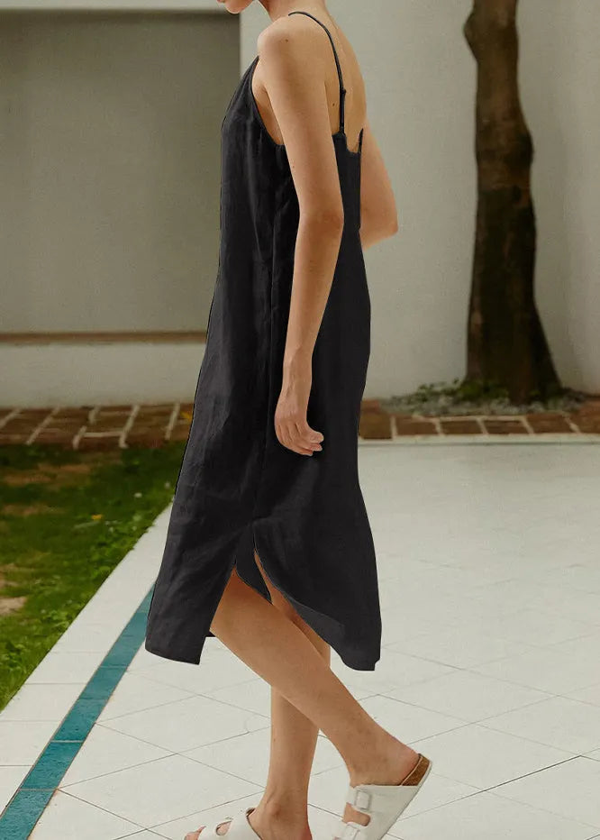 Italian White V Neck Linen Spaghetti Strap Dress Summer