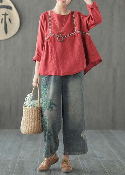Blue Embroidered Cotton Ripped Jeans Pants Fall