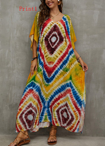 Loose V Neck Print Side Open Cotton Long Dress Summer
