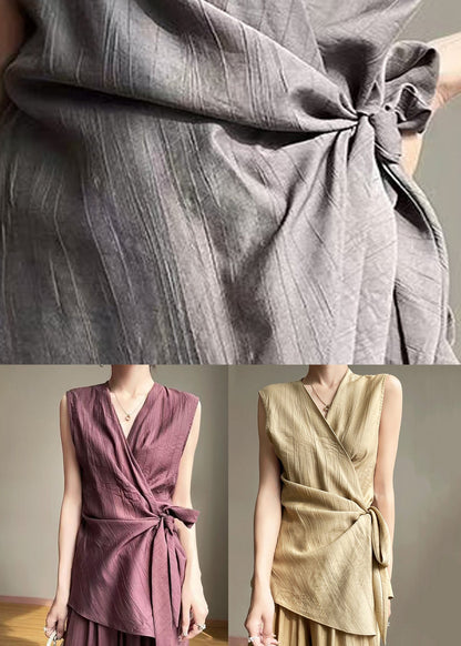 Khaki Lace Up Cotton Sleeveless Shirts V Neck