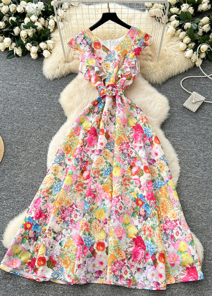 Stylish Red Ruffled Print Chiffon Robe Dresses Summer