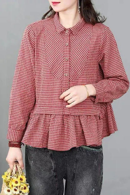 Limited Stock- Loose Plaid Ruffle Splicing Cotton Linen Shirt