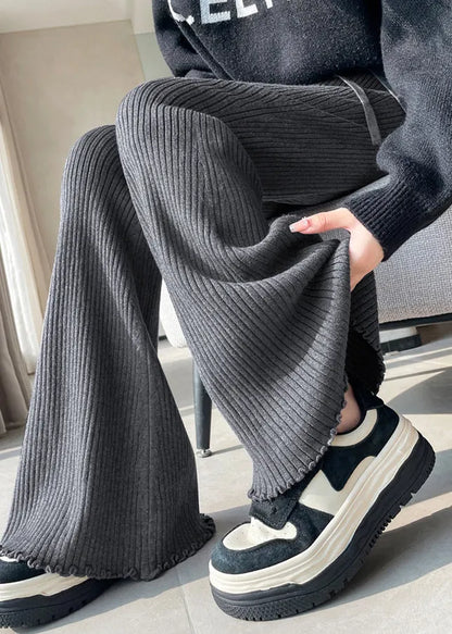 Black Ruffled Striped Knit Flare Bottoms Elastic Waist