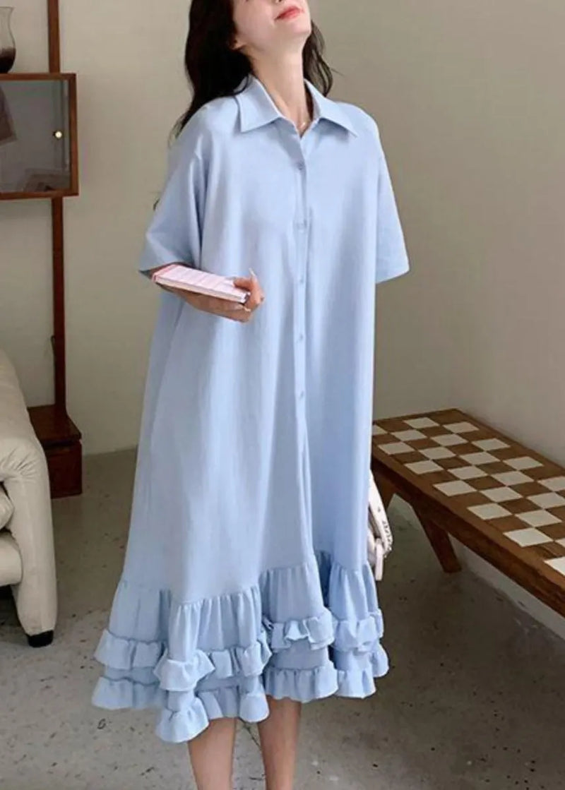 Blue Peter Pan Collar Ruffled Patchwork Maxi Dress Short Sleeve