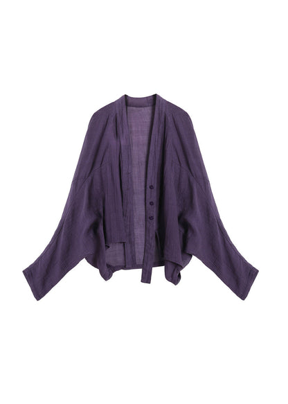 New Original Purple V Neck Linen Cardigan Bat Sleeves