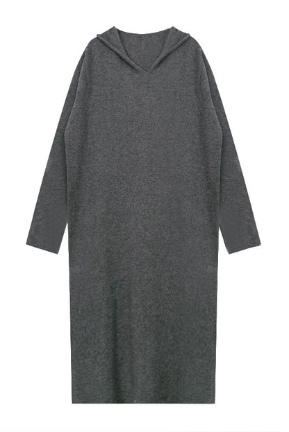 Wool Knit Hoodie Color Long Sleeve Dress