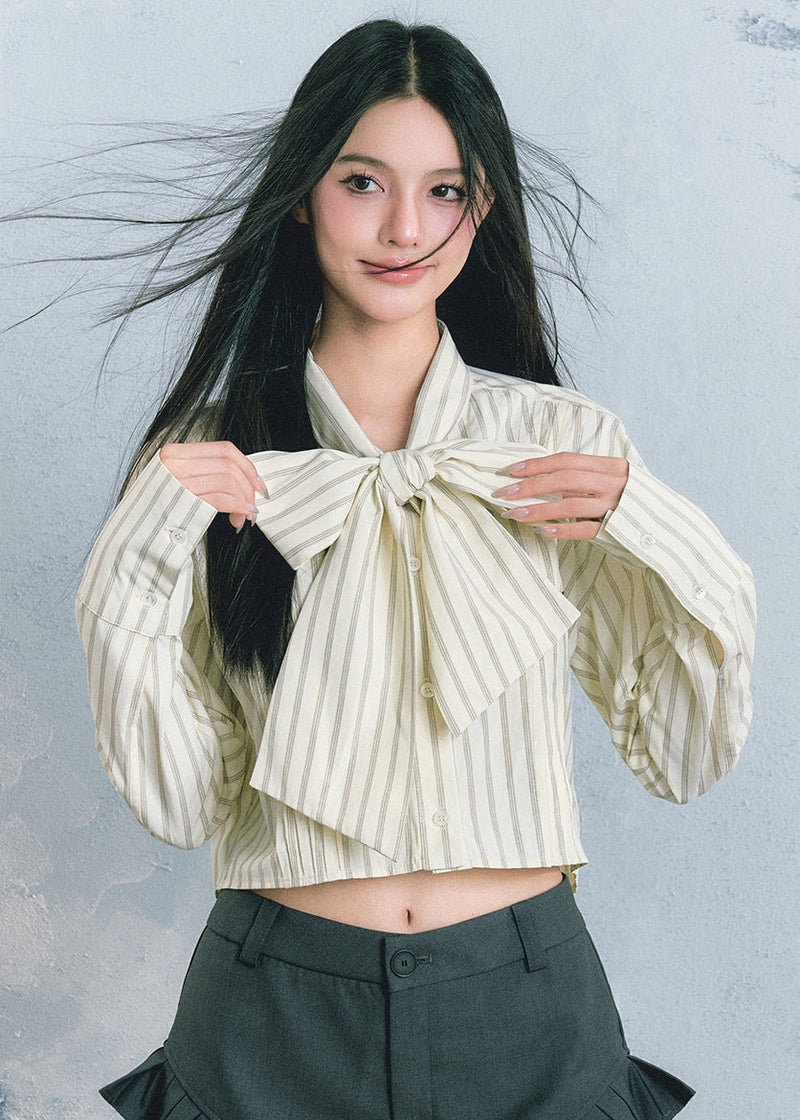 Light Yellow Bow Striped Patchwork Top Fall