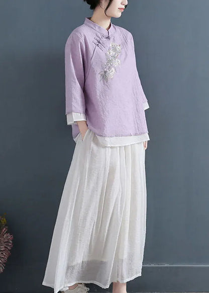 Purple Chinese Style Cotton Blouse Tops Layered Embroidered Three Quarter Sleeve