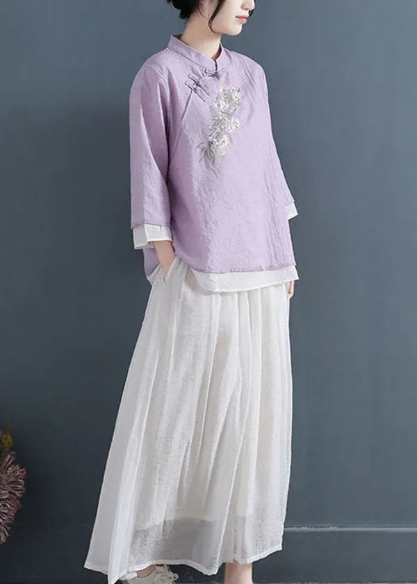 Purple Chinese Style Cotton Blouse Tops Layered Embroidered Three Quarter Sleeve