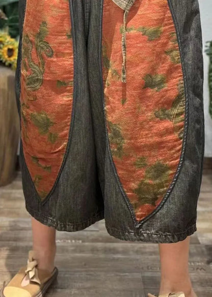 Retro Print Splicing Style Cotton Crop Pants Summer