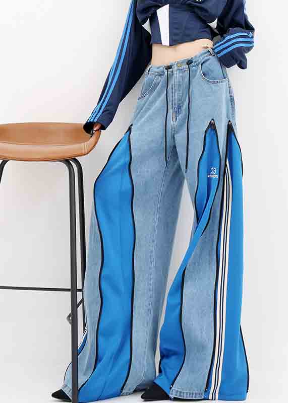 Diy Blue Zip Up Patchwork Drawstring Denim Wide Leg Pants Fall