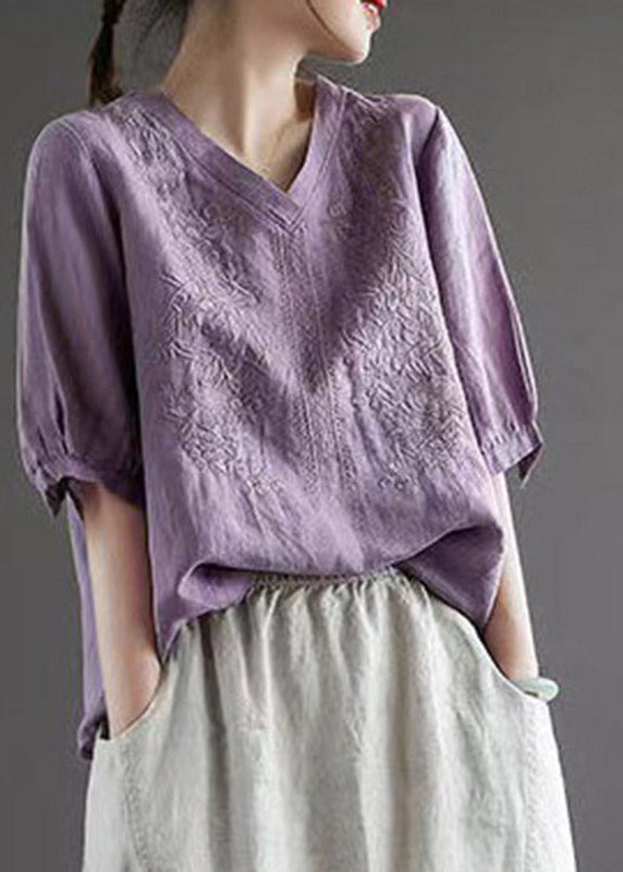 Purple V Neck Embroidered T Shirt Half Sleeve