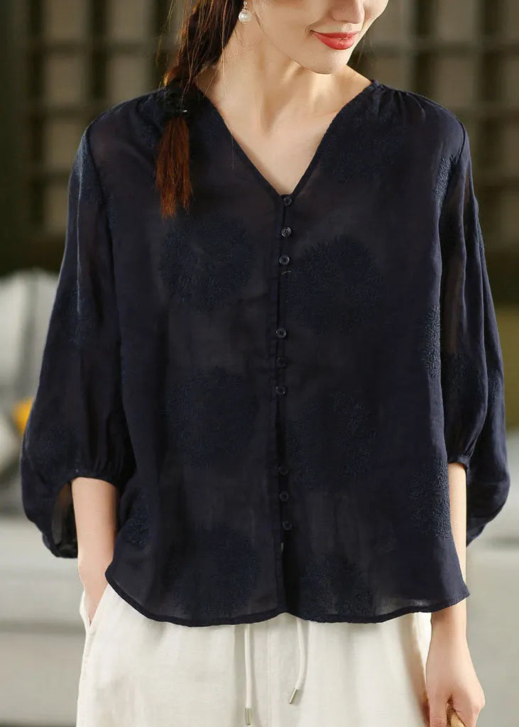 Handmade Yellow V Neck Embroidered Linen Blouse Top Summer