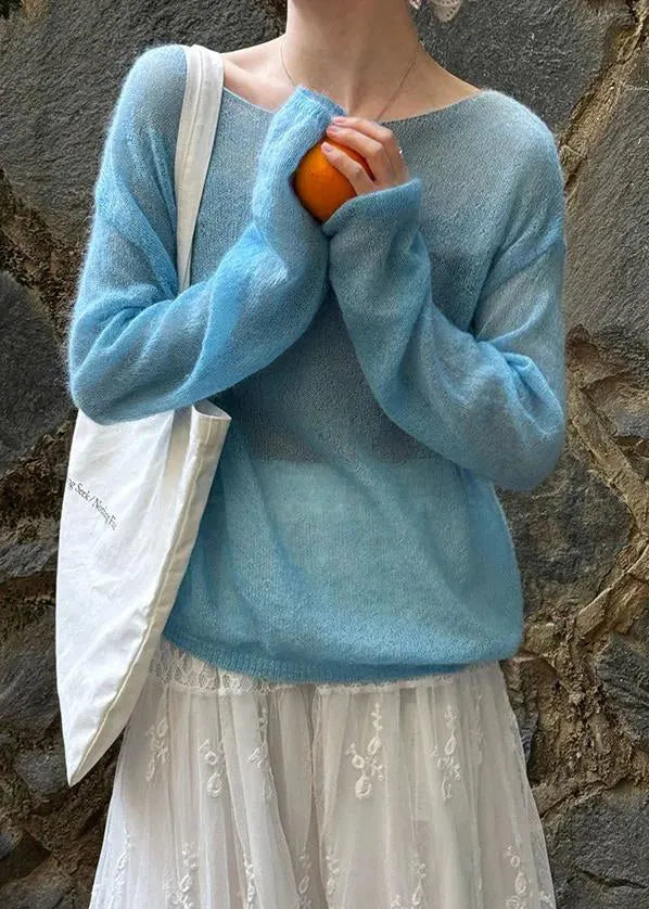 Fitted Blue Slash Neck Knit Pullover Spring
