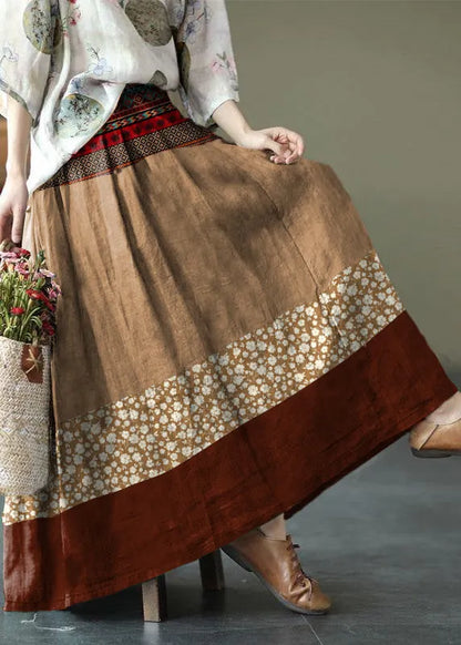 Brown Flower Ramie Elastic Waist Skirt