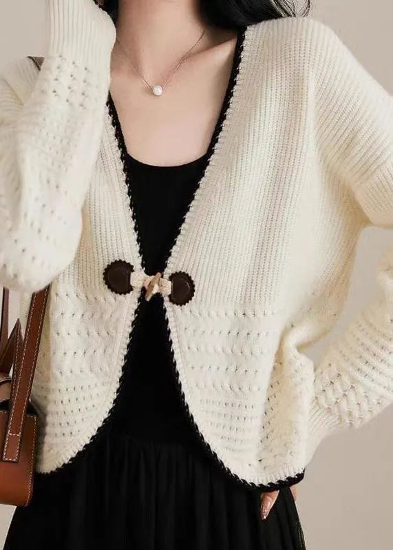 Beige V Neck Woolen Knit Cardigan Fall