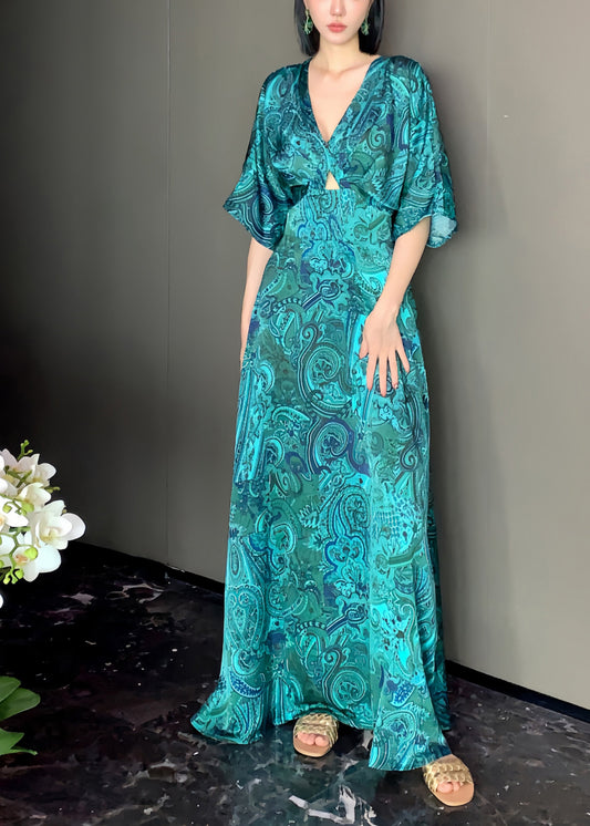 Green V Neck Print Backless Silk Maxi Dresses Long Sleeve