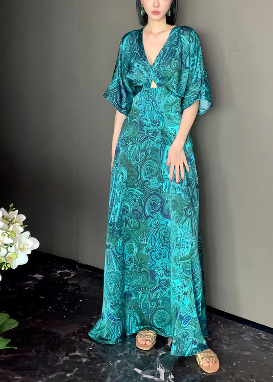 Green V Neck Print Backless Silk Maxi Dresses Long Sleeve